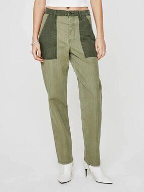 New AG Clove Fatigue Relaxed Vintage Straight Jeans Herringbone Sage Green 30